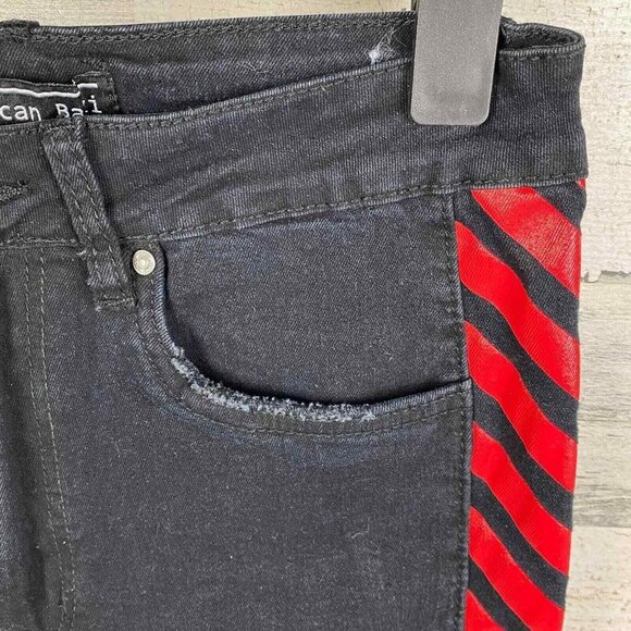 American Bazi Skinny Jeans Womens 5 Black Red Stripe Distressed High Waist - Picture 4 of 7